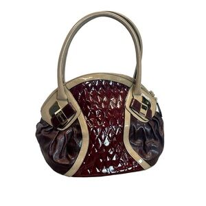 Cromia tan brown burgundy maroon patent leather bowling bag purse
